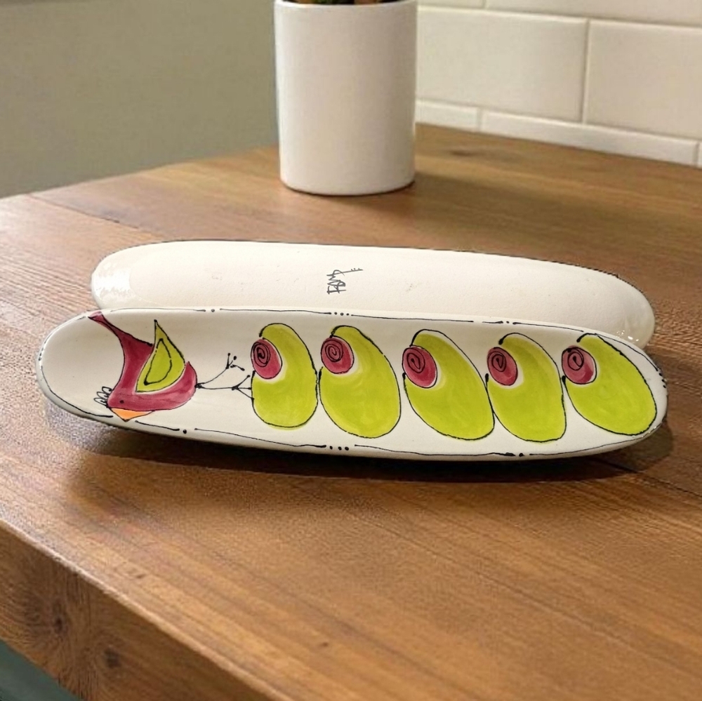 Hand-painted ceramic olive serving tray Bird Design Signed